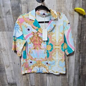 Bellambra Italy Linen Blend Baroque Print Button Up Shirt Colorful S NWT Art Dec